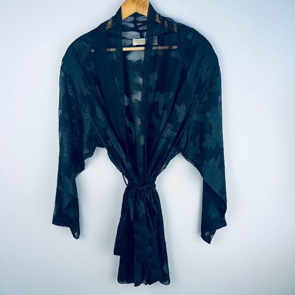 Victoria's Secret Vintage Gold‎ Label Black Sheer Floral Burnout Robe Large